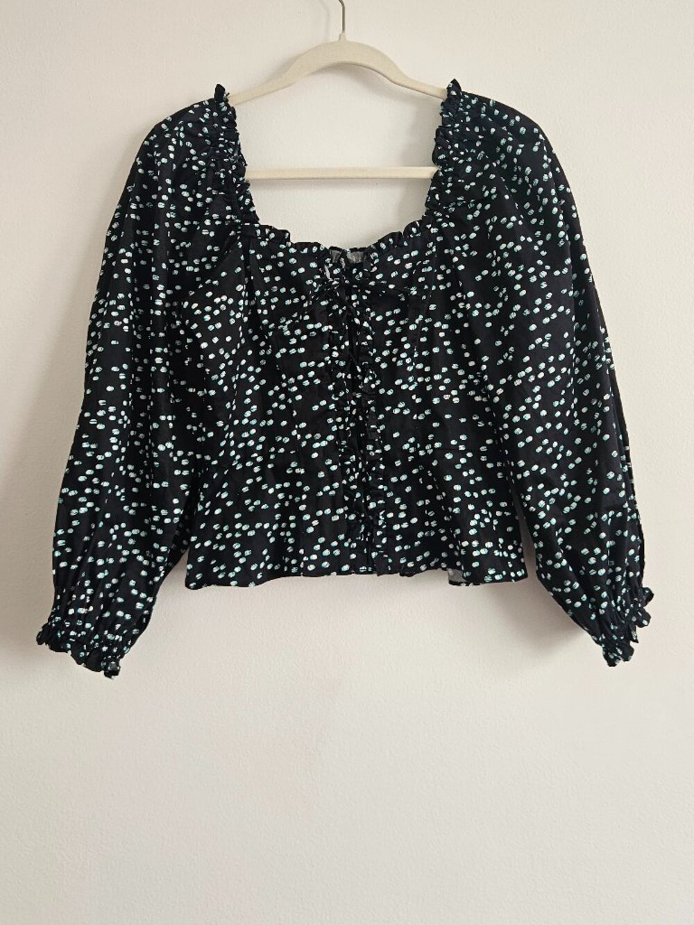 Parker S Small Black Dotted Lace-Up Ruffled Long-Sleeve Casual Top Blouse